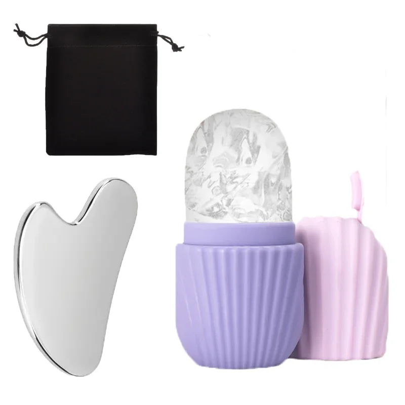 Ice Face Roller + Stainless Steel Gua Sha Board Set